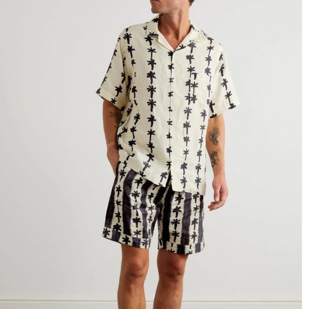 Desmond & Dempsey Printed 100% Linen Blend Button Down Short Sleeve Shirt Size S